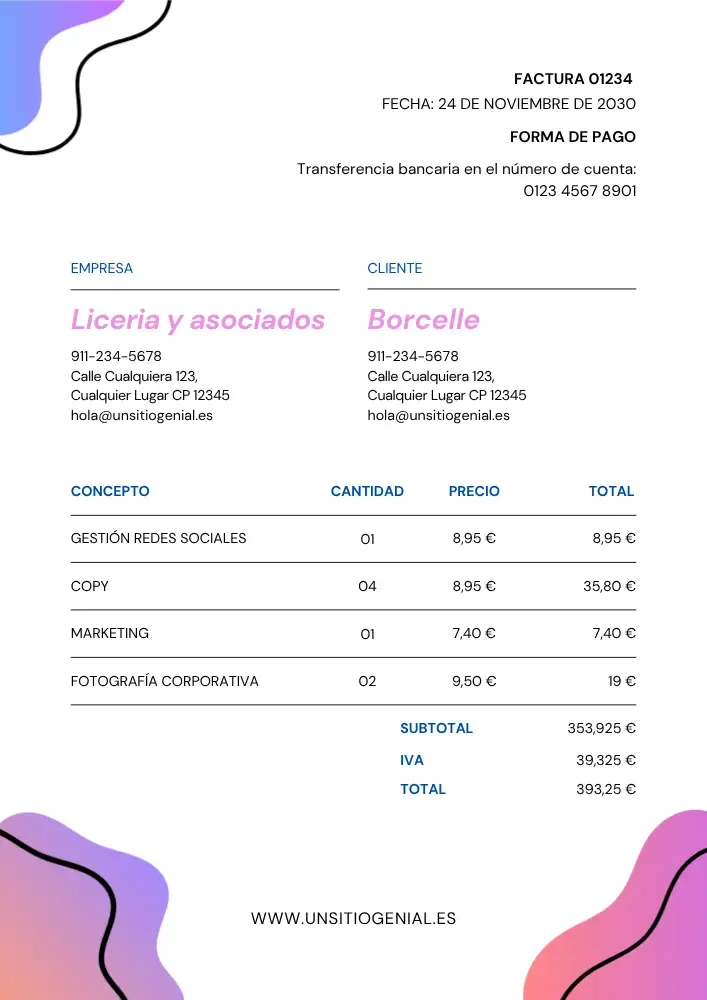 Pink Blue Modern invoice template